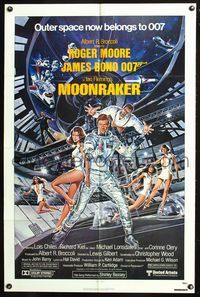 7k478 MOONRAKER 1sh '79 art of Roger Moore as James Bond & sexy babes in space by Gouzee!