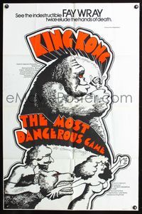 7k481 MOST DANGEROUS GAME/KING KONG 1sh '60s double-bill, sexy art of Fay Wray & giant ape!