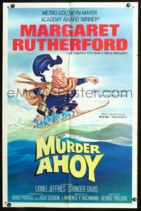 7k490 MURDER AHOY 1sh '64 funny art of Margaret Rutherford water skiing one-handed!