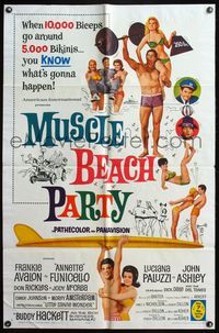 7k495 MUSCLE BEACH PARTY 1sh '64 Frankie & Annette, 10,000 biceps & 5,000 bikinis!