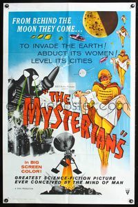 7k506 MYSTERIANS RKO 1sh '59 Ishiro Honda, they're abducting Earth's women & leveling its cities!