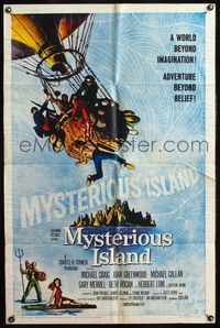 7k507 MYSTERIOUS ISLAND 1sh '61 Ray Harryhausen, Jules Verne sci-fi, cool hot-air balloon image!