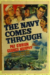 7k515 NAVY COMES THROUGH 1sh '42 Pat O'Brien, George Murphy, cool WWII action art!