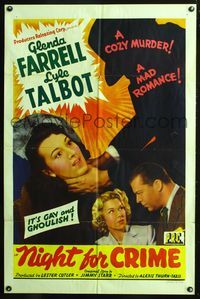 7k522 NIGHT FOR CRIME 1sh '43 Glenda Farrell, Lyle Talbot, it's gay and ghoulish!