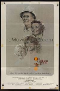 7k541 ON GOLDEN POND 1sh '81 art of Katharine Hepburn, Henry Fonda, and Jane Fonda by C.D. de Mar!