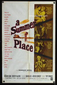 7k727 SUMMER PLACE 1sh '59 Sandra Dee & Troy Donahue in young lovers classic, cool cast montage!