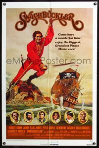 7k729 SWASHBUCKLER 1sh '76 art of pirate Robert Shaw swinging on rope by ship by John Solie!