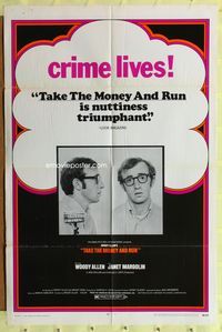 7k736 TAKE THE MONEY & RUN 1sh '69 wacky Woody Allen mugshot in classic mockumentary!