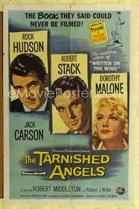 7k741 TARNISHED ANGELS 1sh '58 cool close-up art of Rock Hudson, Robert Stack, & Dorothy Malone!