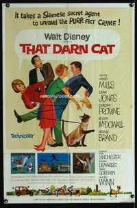 7k749 THAT DARN CAT style A 1sh R73 great art of Hayley Mills & Disney Siamese feline!