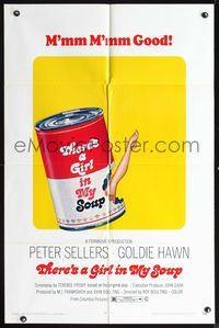 7k753 THERE'S A GIRL IN MY SOUP 1sh '71 Peter Sellers, Goldie Hawn, great Campbells soup can art!