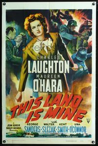 7k761 THIS LAND IS MINE style A 1sh '43 Maureen O'Hara fights Nazis, Charles Laughton, Jean Renoir!