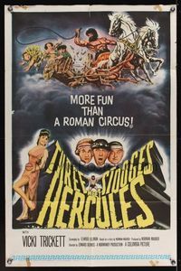 7k767 THREE STOOGES MEET HERCULES 1sh '61 Moe Howard, Larry Fine & Joe DeRita with Samson Burke!