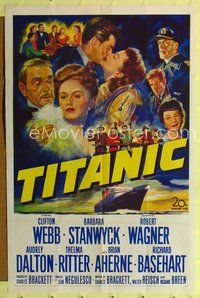 7k777 TITANIC 1sh '53 great artwork of Clifton Webb & Barbara Stanwyck on legendary ship!