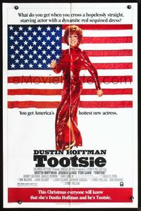 7k784 TOOTSIE advance 1sh '82 full-length Dustin Hoffman in drag by American flag!