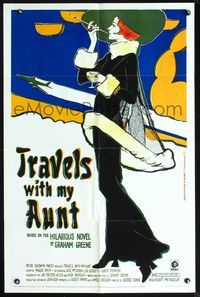 7k795 TRAVELS WITH MY AUNT 1sh '72 from Graham Greene's novel, cool Art Nouveau-style art!