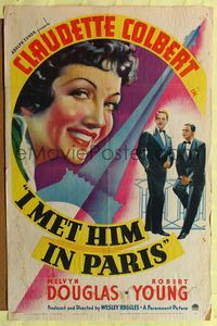 7s491 I MET HIM IN PARIS style A 1sh '37 Claudette Colbert, Melvyn Douglas, cool Eiffel Tower art!