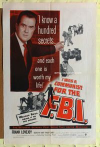 7s495 I WAS A COMMUNIST FOR THE FBI 1sh '51 Frank Lovejoy, red scare film noir!