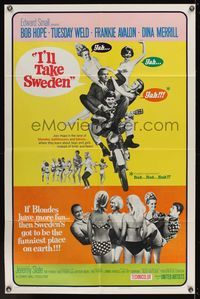 7s498 I'LL TAKE SWEDEN 1sh '65 Bob Hope & Tuesday Weld in Scandinavia, lots of sexy bikini babes!