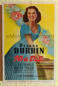 7s516 IT'S A DATE style C 1sh '40 Kay Francis, art of pretty Deanna Durbin in blue dress!