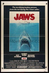 7s526 JAWS 1sh '75 artwork of Steven Spielberg's classic man-eating shark attacking sexy swimmer!