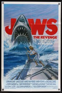 7s528 JAWS: THE REVENGE 1sh '87 great artwork of shark attacking ship, this time it's personal!