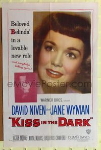 7s541 KISS IN THE DARK 1sh '49 close up headshot of Jane Wyman + kissing David Niven!