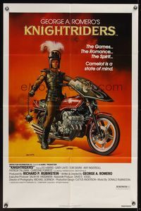 7s549 KNIGHTRIDERS 1sh '81 George A. Romero, Boris art of Ed Harris on medieval motorcycle!