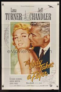 7s557 LADY TAKES A FLYER 1sh '58 art of Jeff Chandler nuzzles sexy Lana Turner!