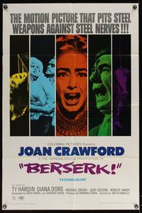 8b192 BERSERK 1sh '67 crazy Joan Crawford, sexy Diana Dors, pits steel weapons vs steel nerves!