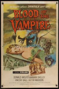 8b205 BLOOD OF THE VAMPIRE 1sh '58 he begins where Dracula left off, art of monster & sexy girl!