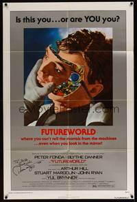 8b321 FUTUREWORLD signed 1sh '76 by Peter Fonda, who is removing his cyborg face!