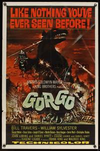 8b335 GORGO 1sh '61 great artwork of giant monster terrorizing city by Joseph Smith!