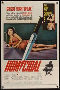 8b352 HOMICIDAL 1sh '61 William Castle's story of a psychotic killer, knife & sexy girl image!