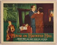 8b094 HOUSE ON HAUNTED HILL  LC #2 '59 close up of Vincent Price choking man by sleeping girl!