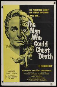 8b417 MAN WHO COULD CHEAT DEATH 1sh '59 Hammer horror, cool half-alive & half-dead headshot art!