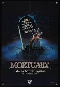 8b434 MORTUARY video 24x36 1sh '84 Satanic cult, cool artwork of hand reaching up from grave!