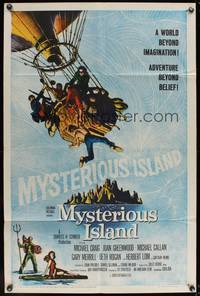 8b439 MYSTERIOUS ISLAND  1sh '61 Ray Harryhausen, Jules Verne sci-fi, cool hot-air balloon art!