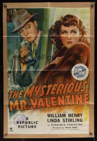 8b440 MYSTERIOUS MR. VALENTINE 1sh '46 art of William Henry in lab & sexy Linda Sterling in fur!