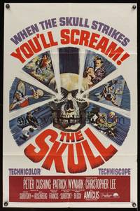 8b574 SKULL 1sh '65 Peter Cushing, Christopher Lee, cool horror artwork of creepy skull!