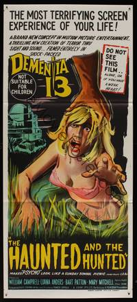 8c283 DEMENTIA 13 Aust daybill '63 Francis Ford Coppola, Roger Corman, cool art of woman in swamp!