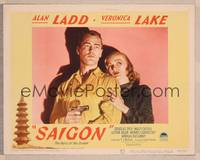 8j663 SAIGON LC #4 '48 best close up of sexy Veronica Lake holding Alan Ladd with gun!