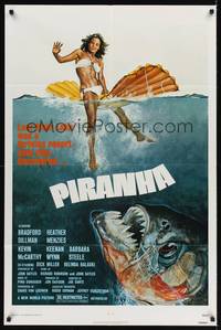 9d665 PIRANHA 1sh '78 Roger Corman, great art of man-eating fish & sexy girl by John Solie!