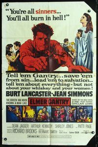 9x253 ELMER GANTRY 1sh '60 Burt Lancaster, Jean Simmons, from Sinclair Lewis novel!