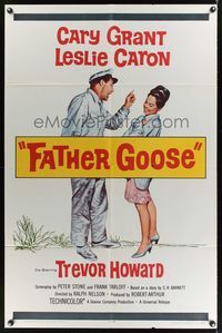 9x269 FATHER GOOSE 1sh '65 art of sea captain Cary Grant yelling at pretty Leslie Caron!