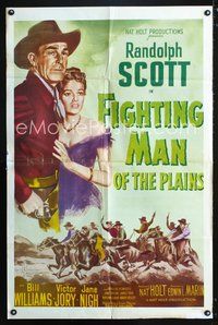 9x271 FIGHTING MAN OF THE PLAINS 1sh R54 Randolph Scott reaching for gun & holding Jane Nigh!