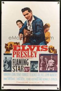 9x279 FLAMING STAR style B 1sh '60 Elvis Presley playing guitar & shirtless, Barbara Eden