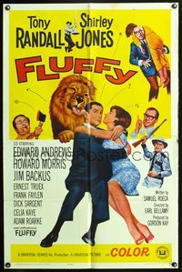 9x282 FLUFFY 1sh '65 great image of huge lion lickingTony Randall, Shirley Jones