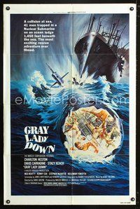 9x303 GRAY LADY DOWN 1sh '78 Charlton Heston, David Carradine, cool submarine artwork!