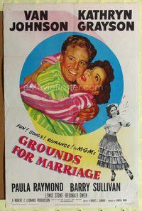 9x309 GROUNDS FOR MARRIAGE 1sh '51 cool art of Van Johnson & Kathryn Grayson!